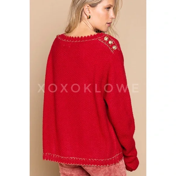 POL Red Button Front Cardigan with Sparkly Gold Trim - Picture 8 of 15